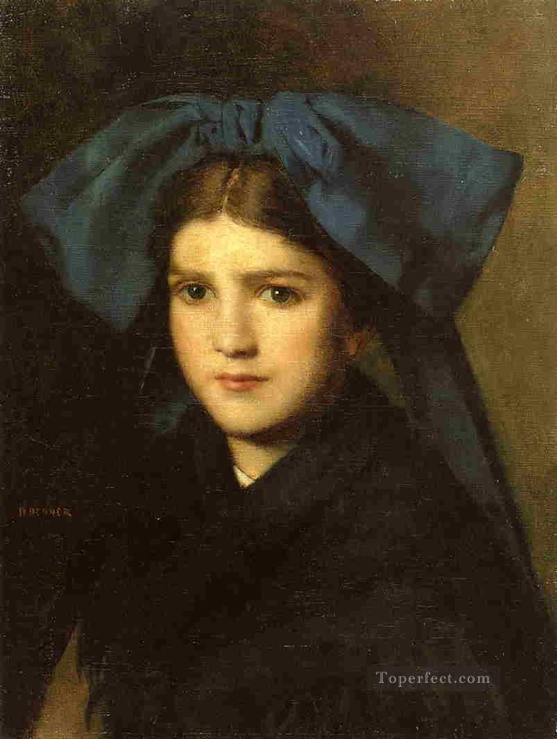 髪にリボンを持つ少女の肖像 ジャン・ジャック・ヘナー油絵